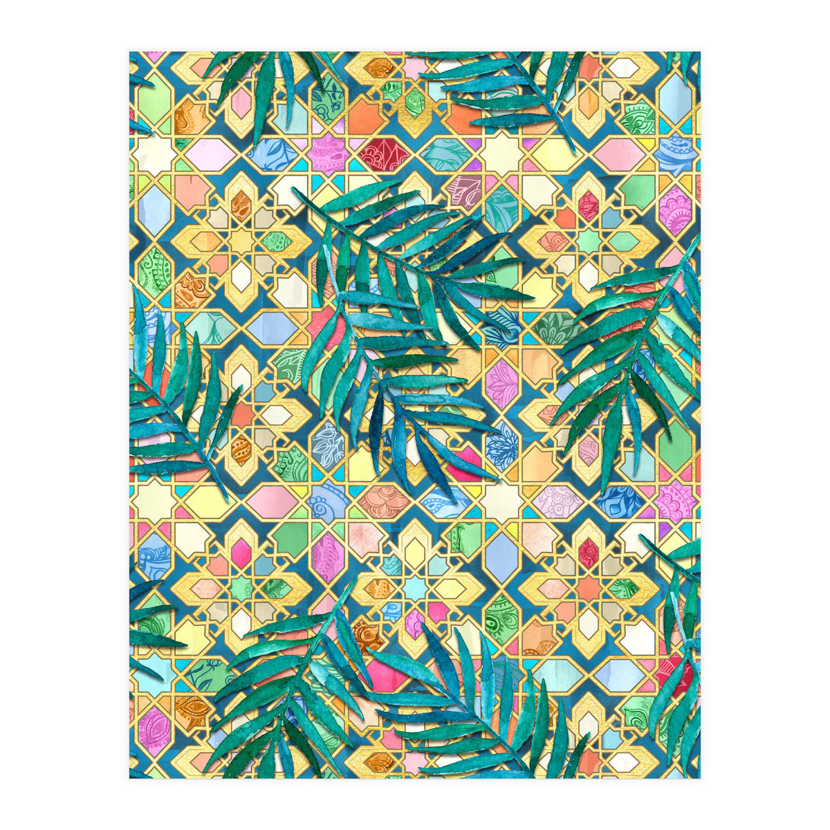 Gilded Moroccan Mosaic Tiles with Palm Leaves  (Print Only)