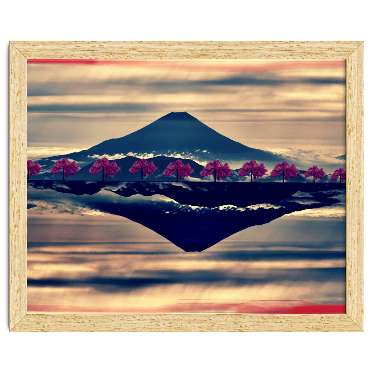 Reflection on Mount Fuji with cherry trees.