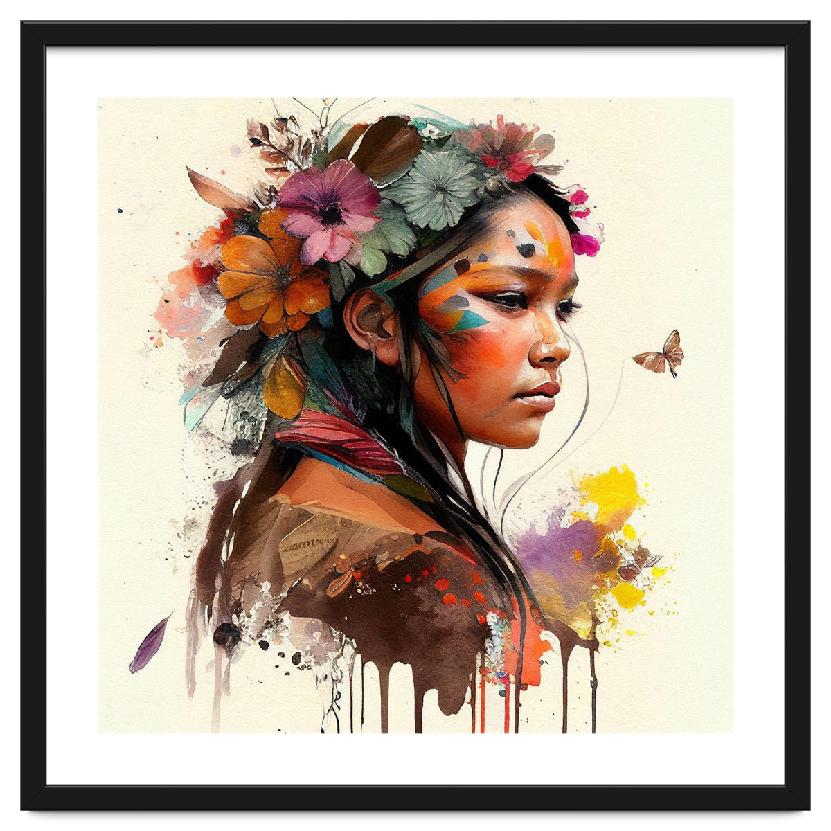 Watercolor Floral Indian Native Woman #4