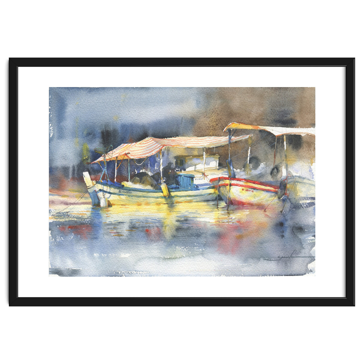 Yachts in the port. Watercolor art