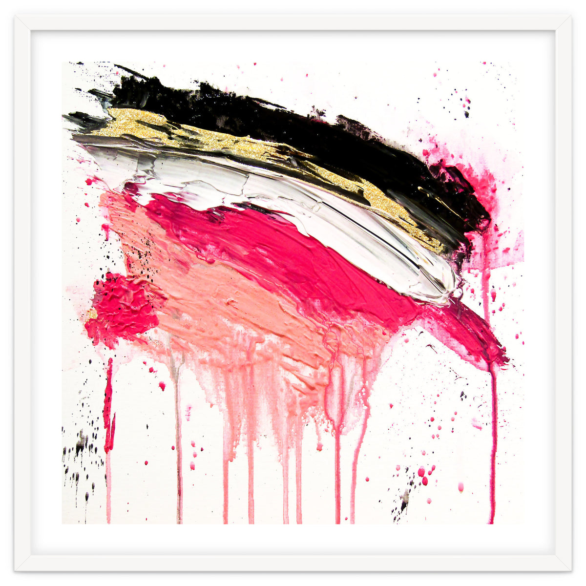 Modern Abstract Pink Black Gold Brushstrokes Splatters Acrylic