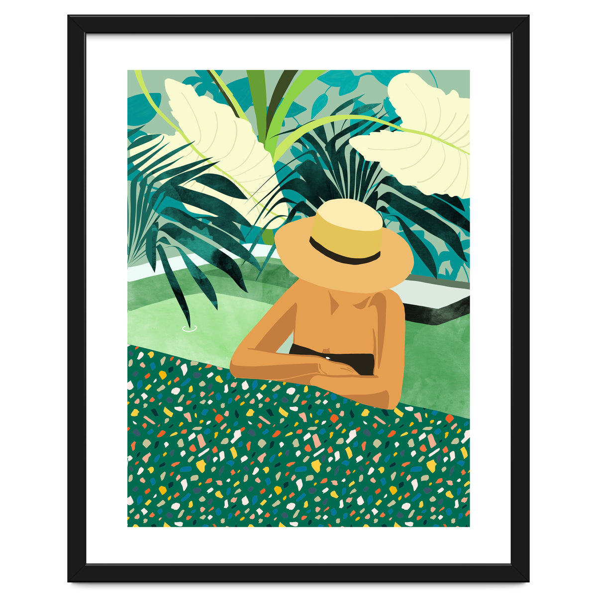 Chill, Modern Bohemian Black Woman Travel Illustration | Terrazzo Tropical Swimming Pool Fashion