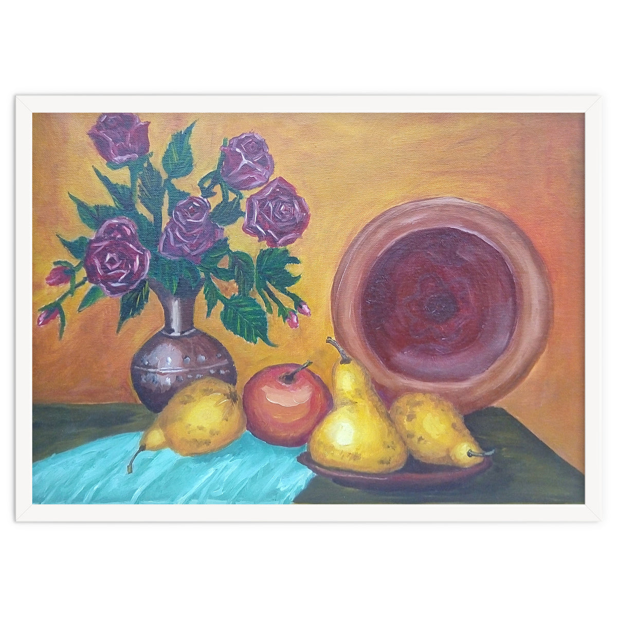 Still life with pears, roses and a dish.