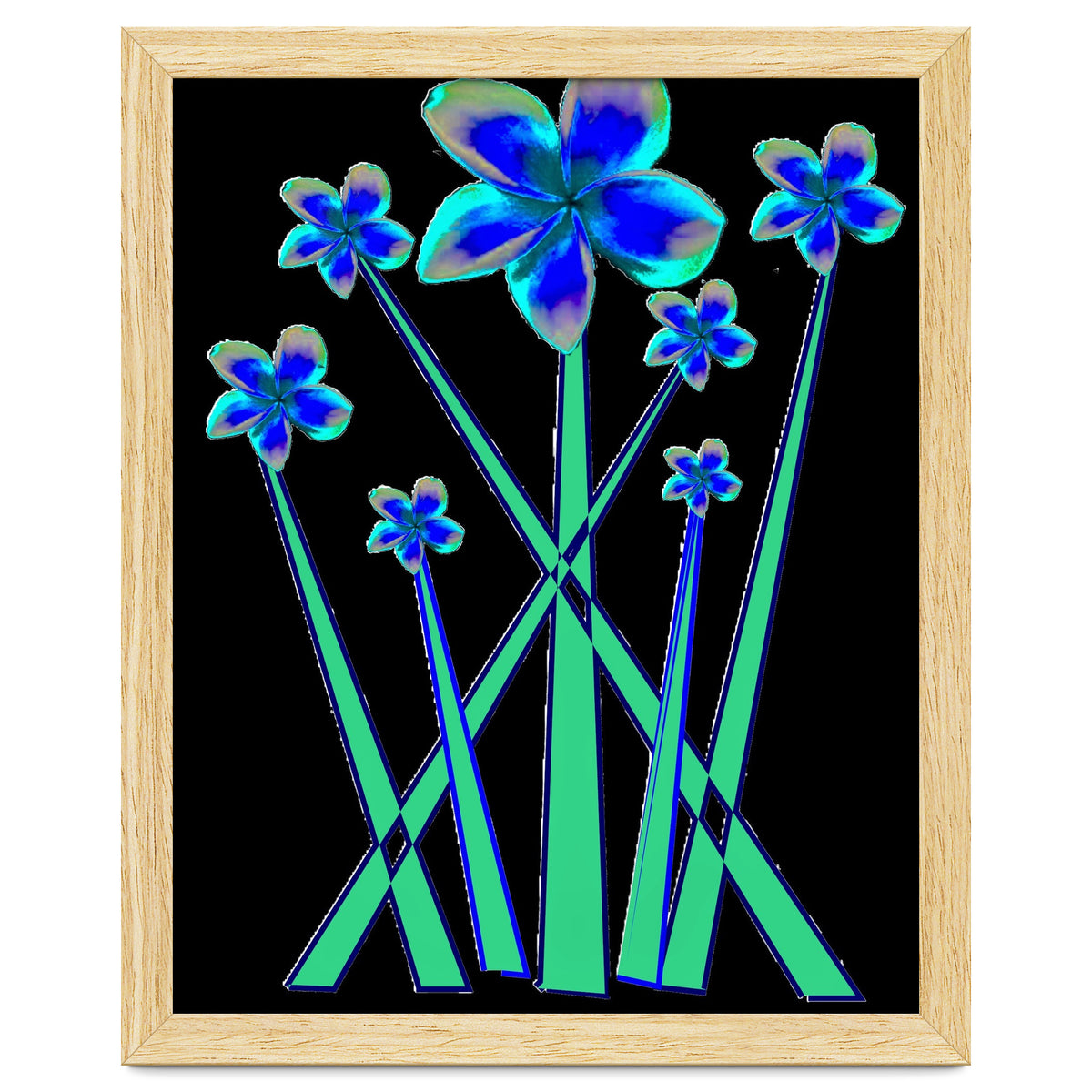 Blue flowers on black.