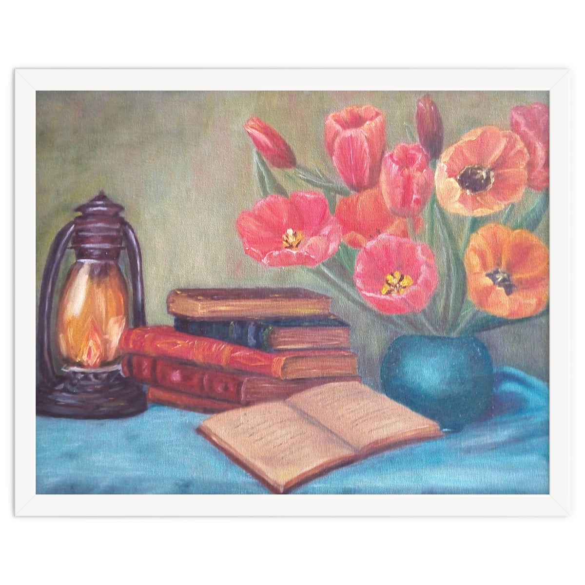 Still life with tulips, books and an old lamp.