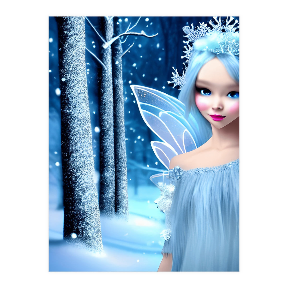 Cute 3d light blue Winter Fairy in the Forest (Print Only)