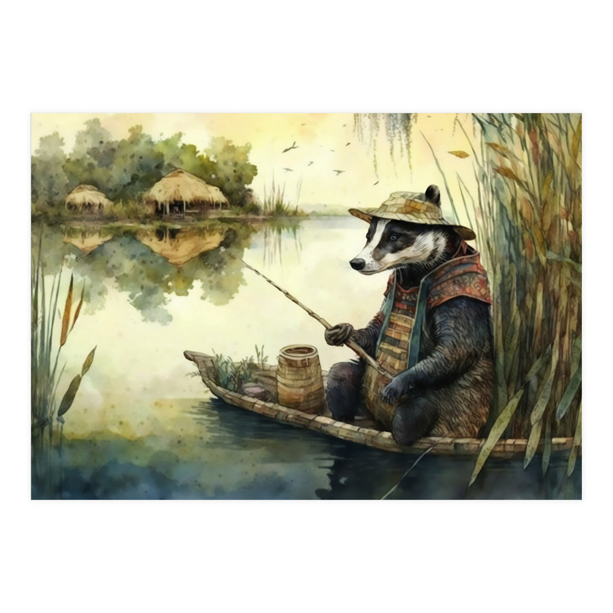 Badger Fishing Watercolor Painting (Print Only)