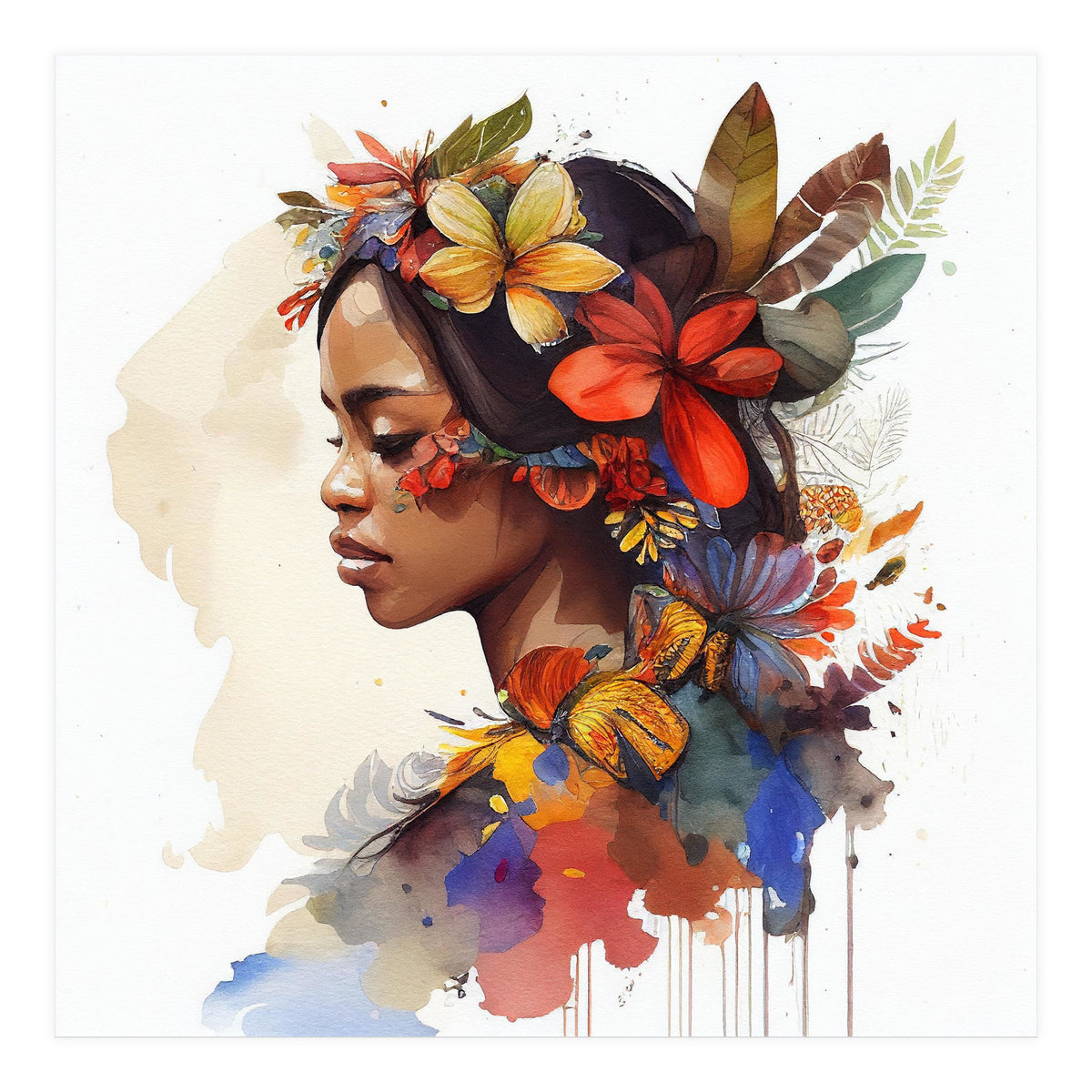 Watercolor Floral Indonesian Native Woman #4 (Print Only)