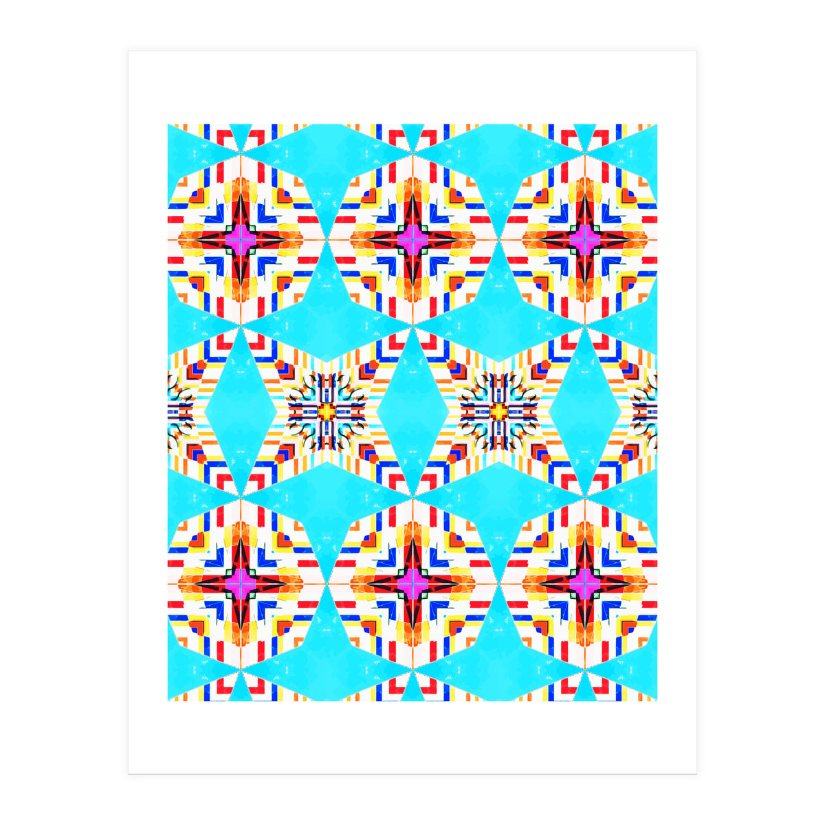Exotic Tiles, Moroccan Teal Kaleidoscope Pattern, Turkish Bohemian Colorful Culture Eclectic Graphic (Print Only)