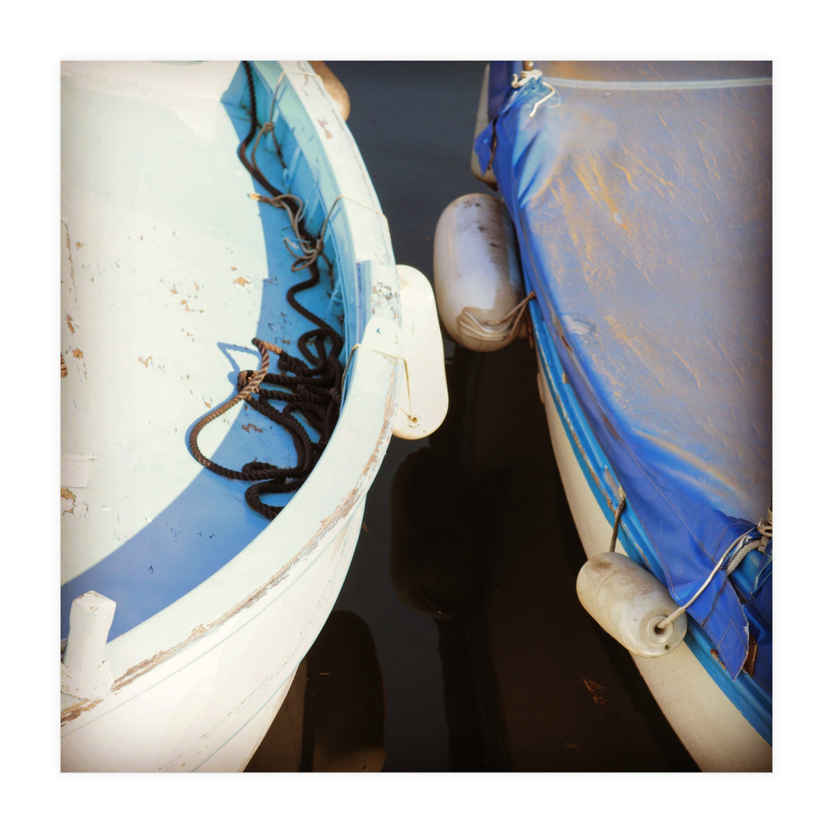 Blue and white wooden fishing boats (Print Only)