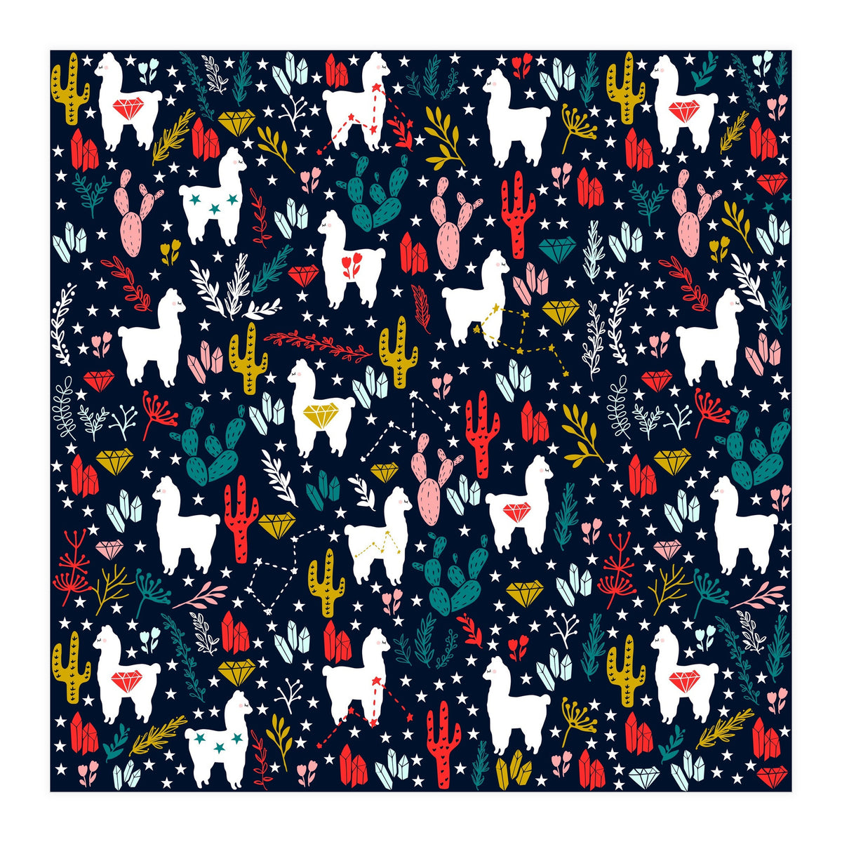 Cute Alpaca Pattern with Cacti, Stars and Crystals (Print Only)