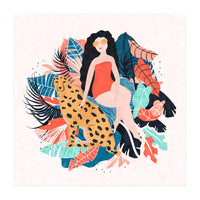 Black Hair Tropical Girl With Cheetah (Print Only)