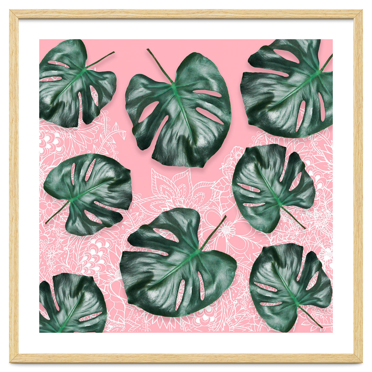 Modern 3d green tropical monstera leaf photo on blush pink white floral illustration