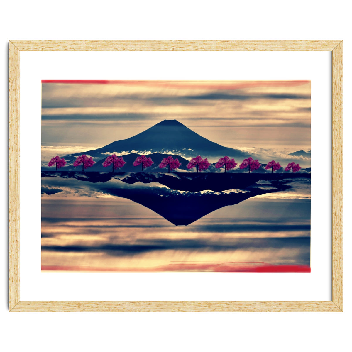 Reflection on Mount Fuji with cherry trees.