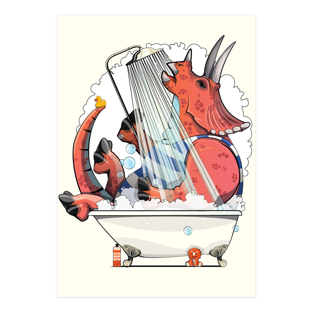 Dinosaur Triceratops in the Shower, funny bathroom humour (Print Only)