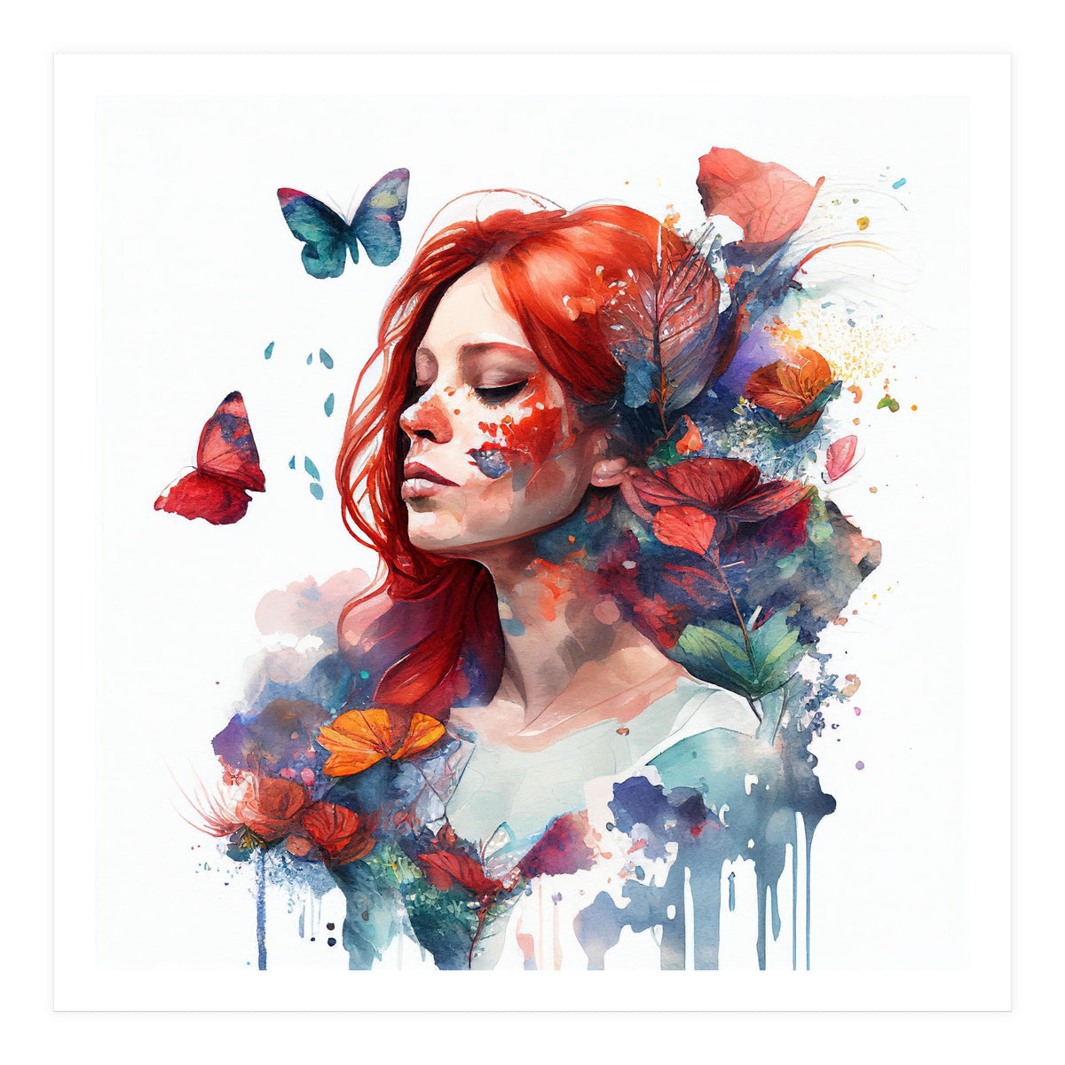 Watercolor Floral Red Hair Woman #2 (Print Only)