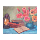 Still life with tulips, books and an old lamp. (Print Only) thumbnail