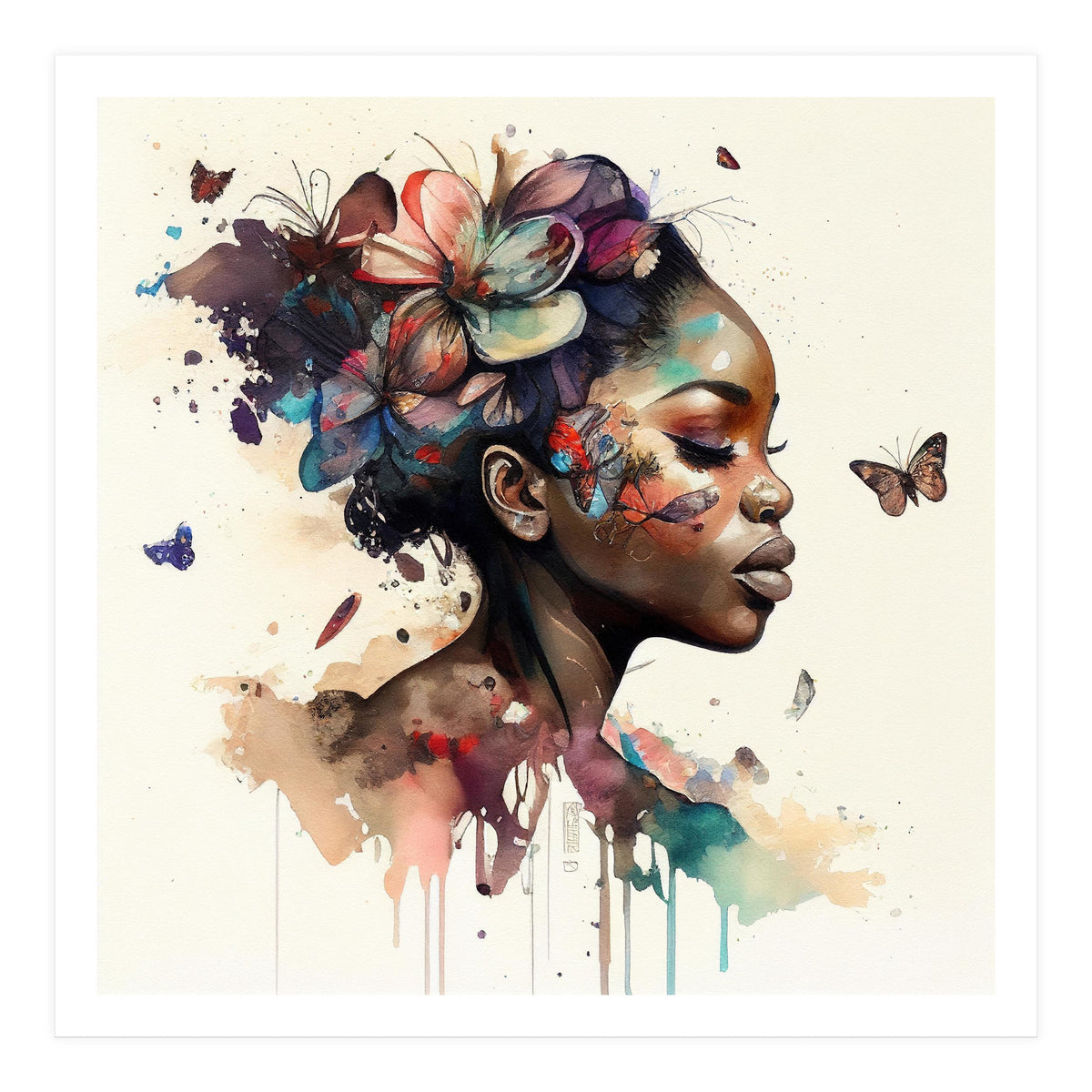 Watercolor Butterfly African Woman #11 (Print Only)