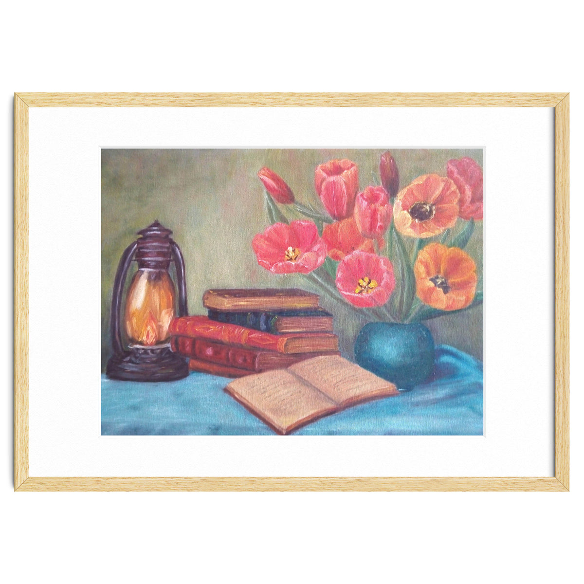 Still life with tulips, books and an old lamp.