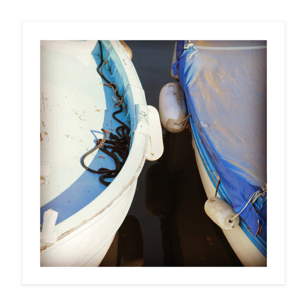 Blue and white wooden fishing boats (Print Only)