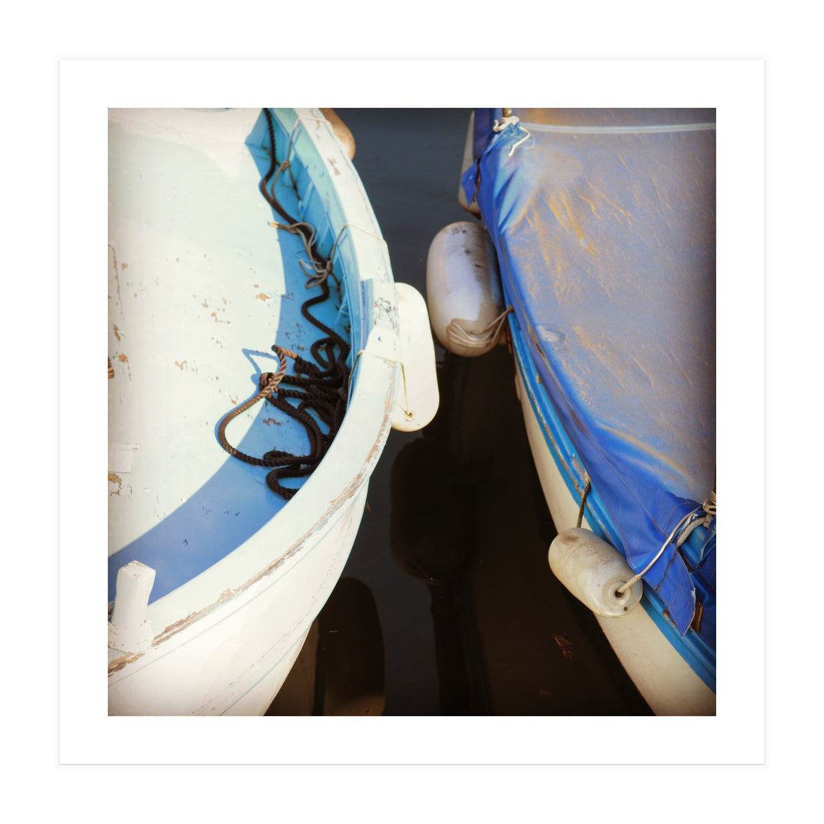 Blue and white wooden fishing boats (Print Only)