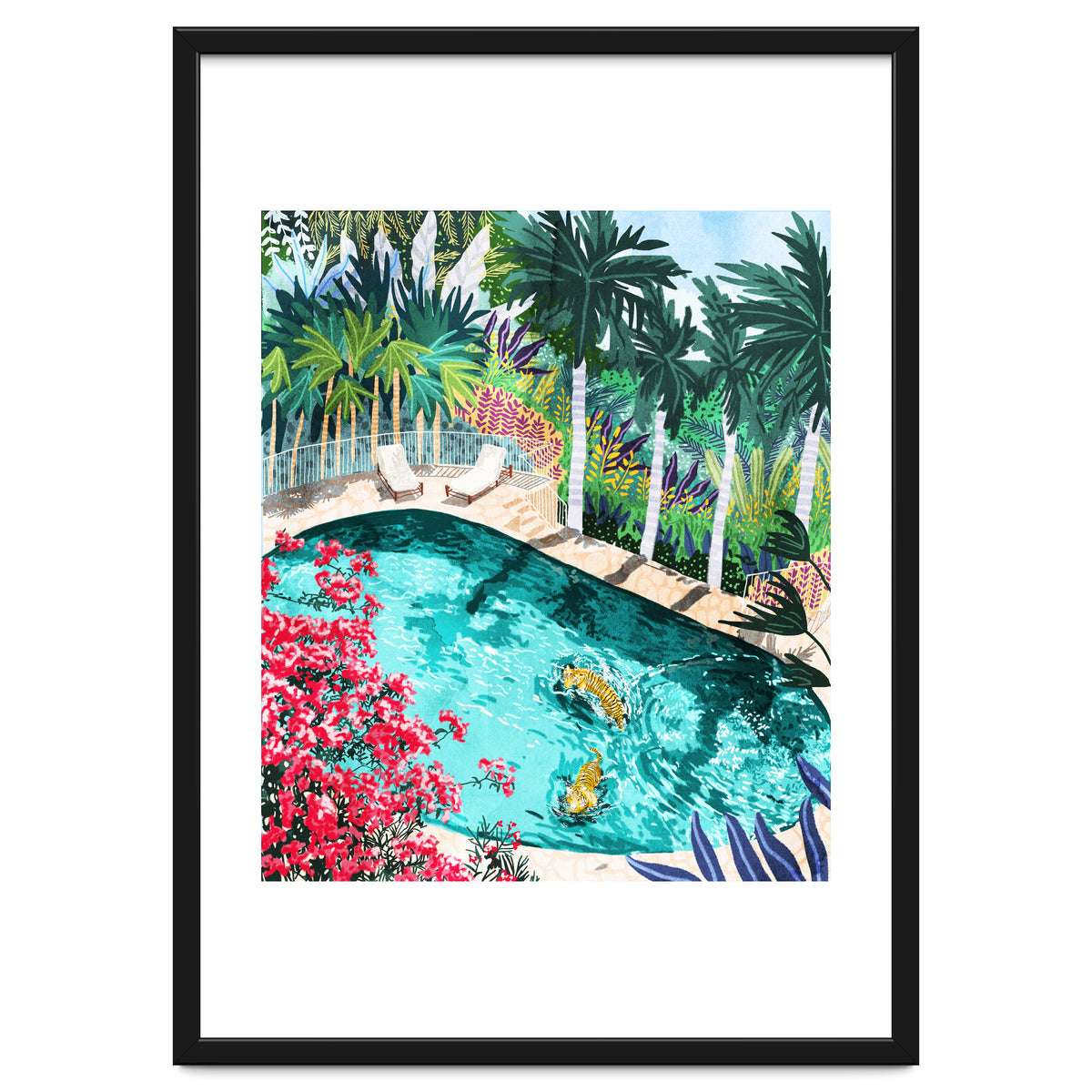 Luxury Tiger Villa illustration, Architecture Travel Nature Painting, Hotel Landscape Garden