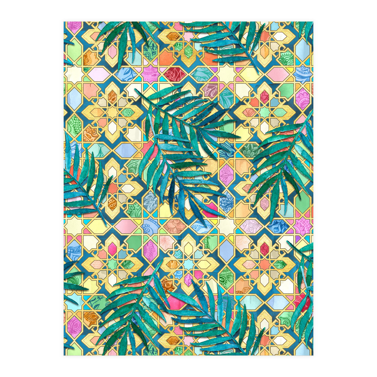 Gilded Moroccan Mosaic Tiles with Palm Leaves  (Print Only)