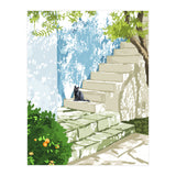 Black cat on the steps Poster, Greece Santorini summer travel pet painting (Print Only) thumbnail