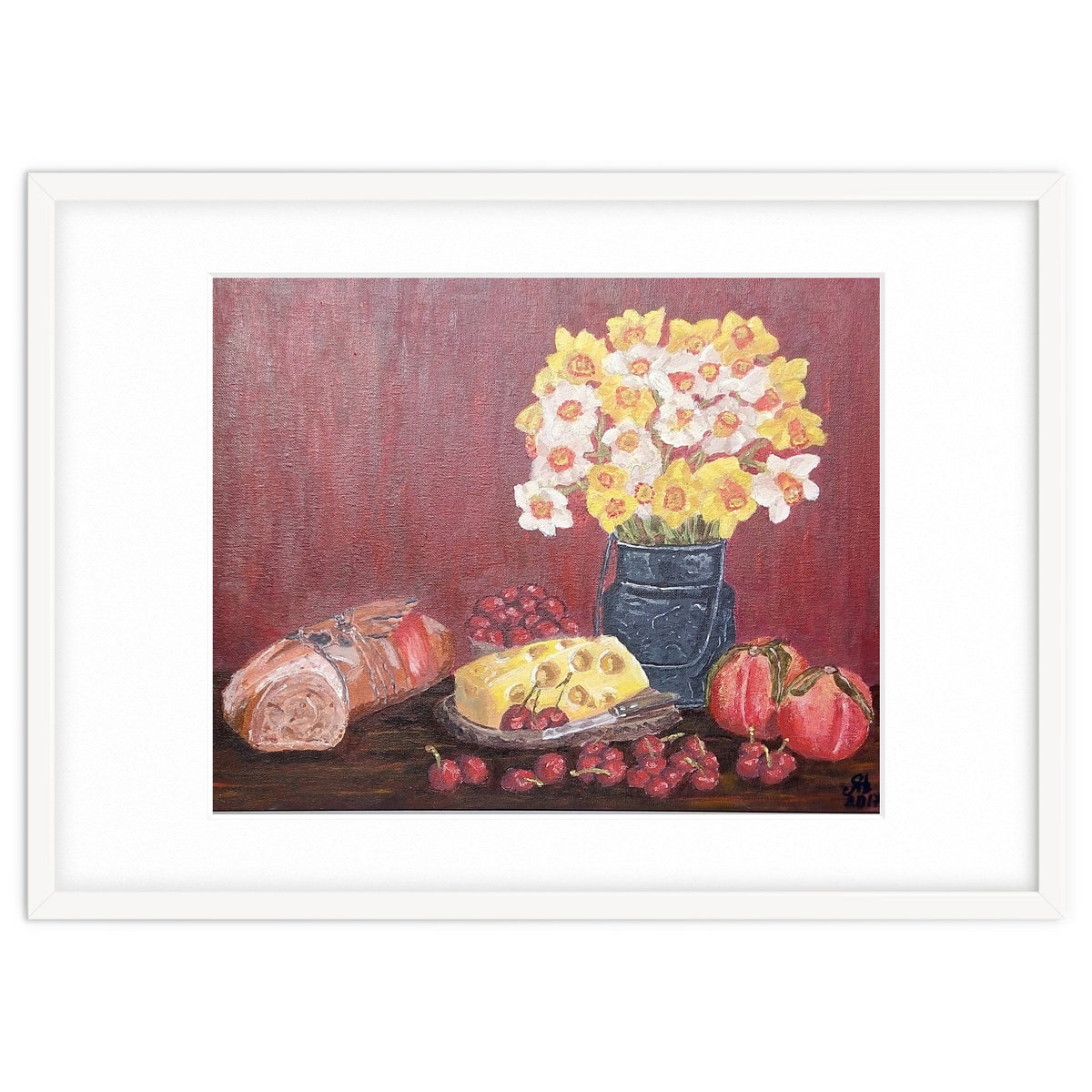 Still life with cheese, daffodils on a red background.