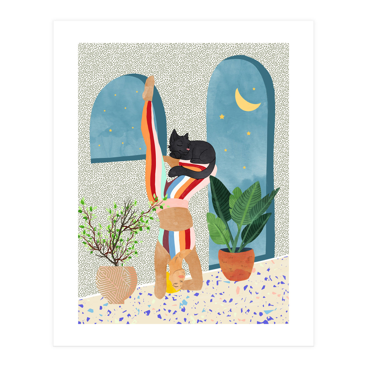 Headstand, Cat Yoga, Active Woman Workout, Eclectic Colorful Pets Terrazzo (Print Only)