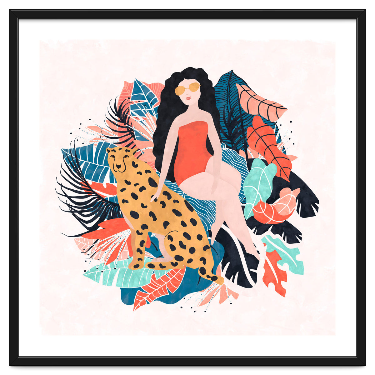 Black Hair Tropical Girl With Cheetah