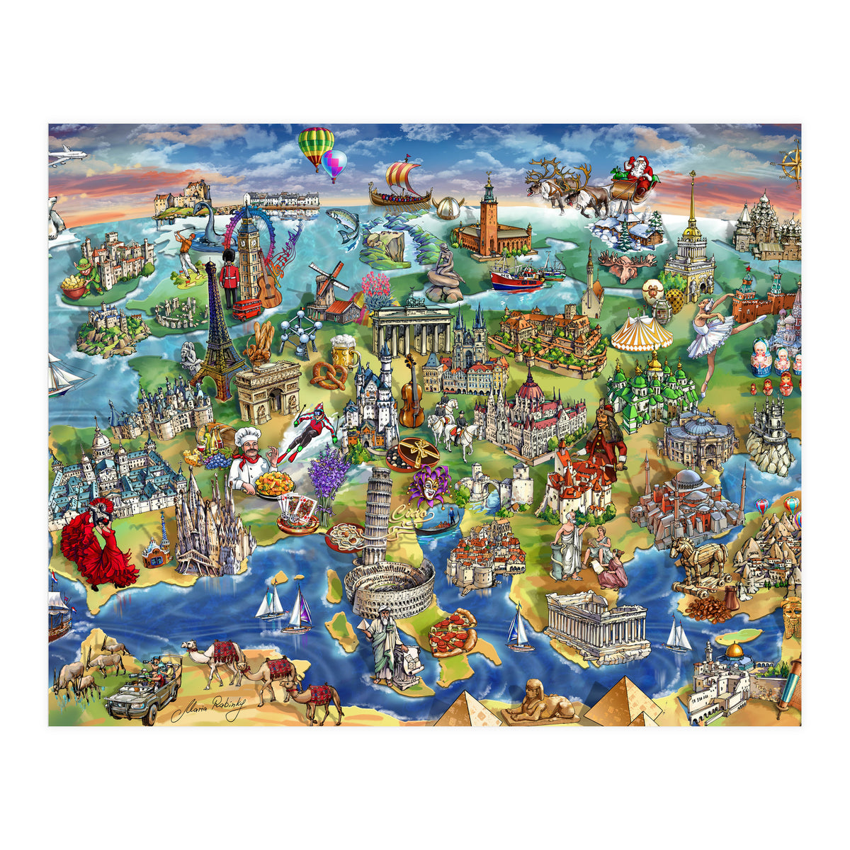 European World Wonders Illustrated Map (Print Only)