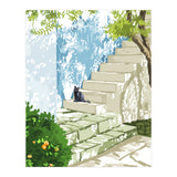 Black cat on the steps Poster, Greece Santorini summer travel pet painting (Print Only) thumbnail