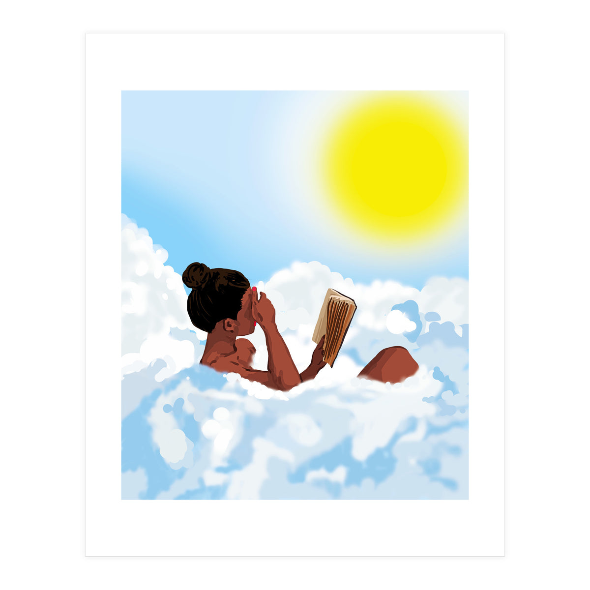 Reading on Clouds, Black Woman Summer Sunny Day Book Painting, Bohemian Nude (Print Only)