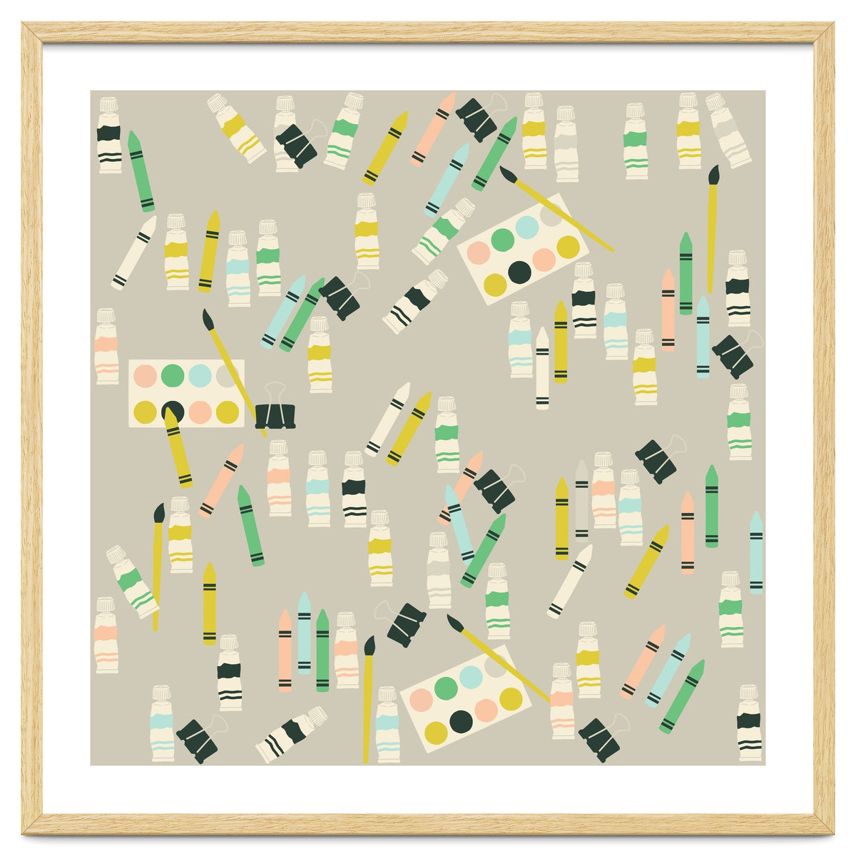 Artist pattern with crayons, watercolors and acrylic paint