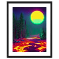 Neon Moon, Color Pop Art Glow Forest, Nature Landscape Adventure, Travel Mystery Eclectic, Contemporary Digital Painting
