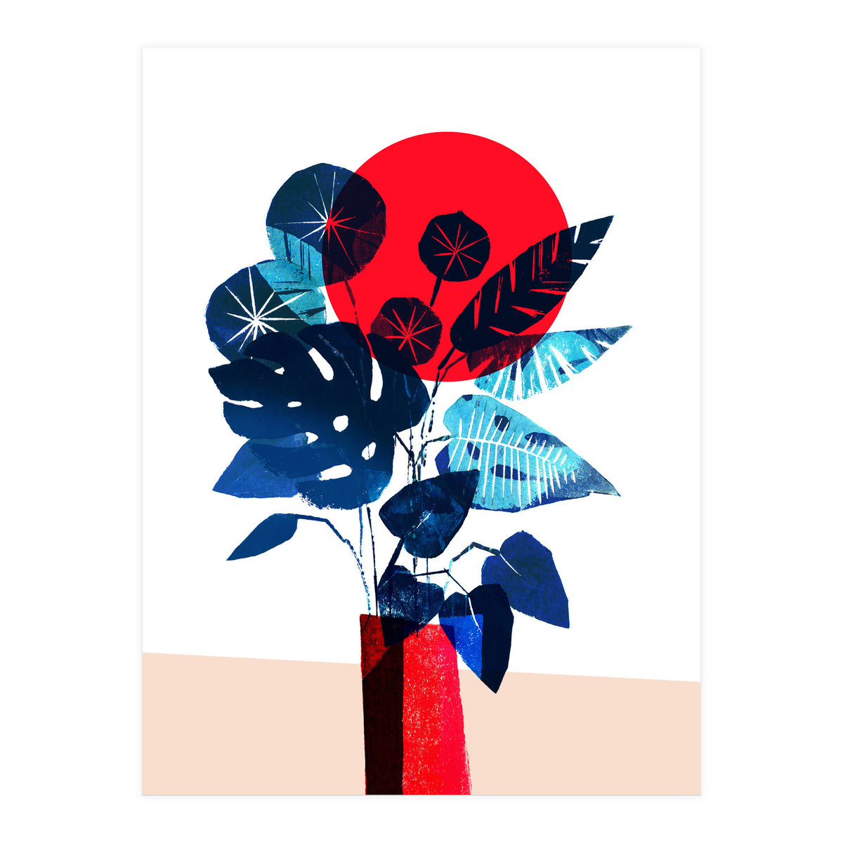 Blue Flowers in Red Vase (Print Only)