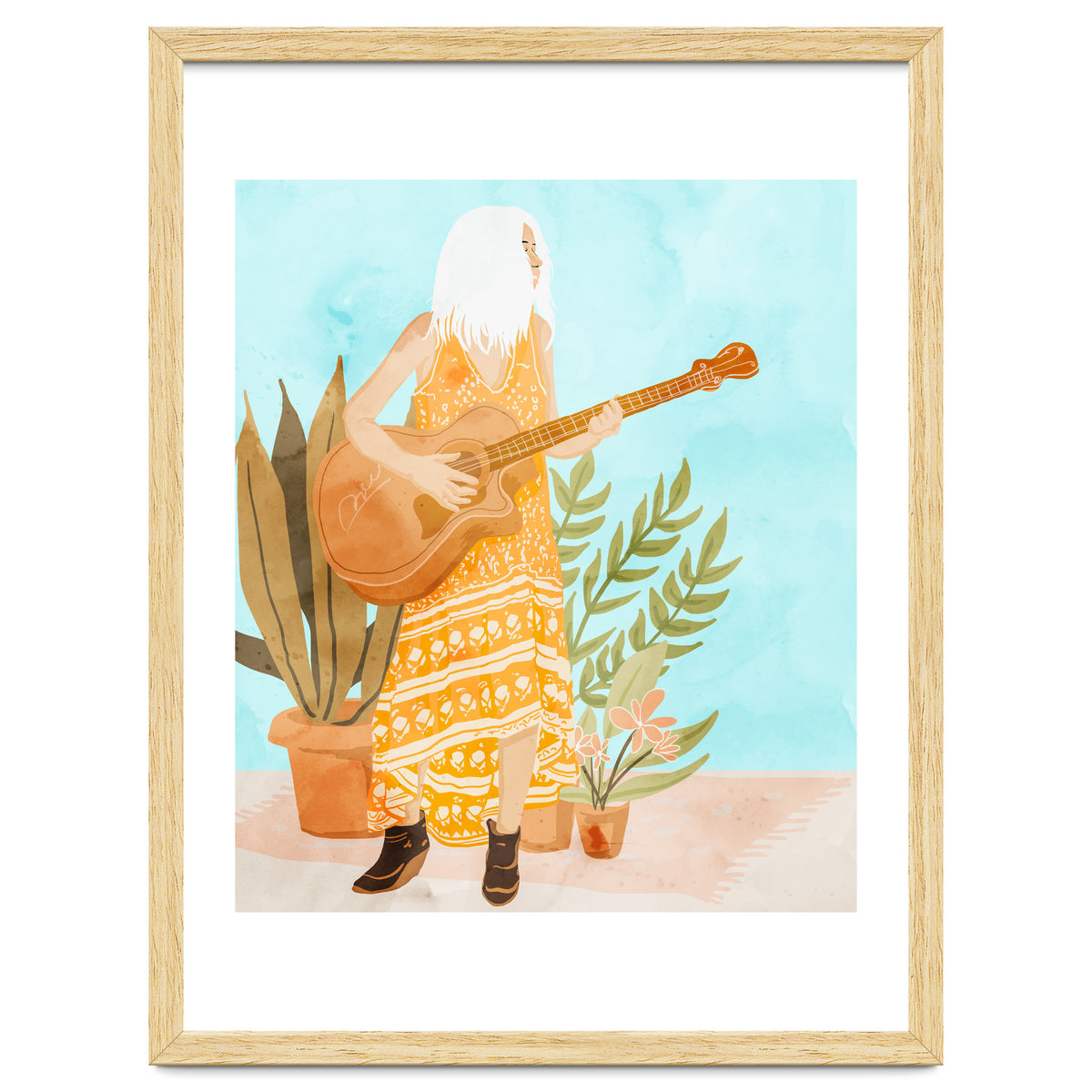 Music Soothes My Soul | Urban Hippie Bohemian Woman Playing the Guitar | Plant Lady Painting