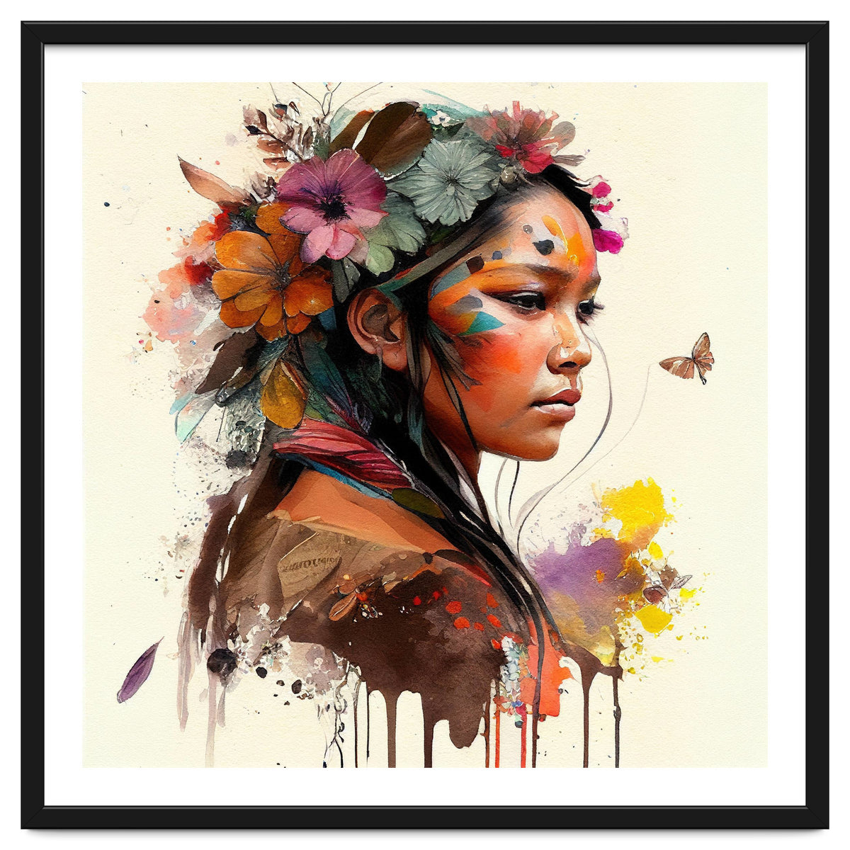 Watercolor Floral Indian Native Woman #4