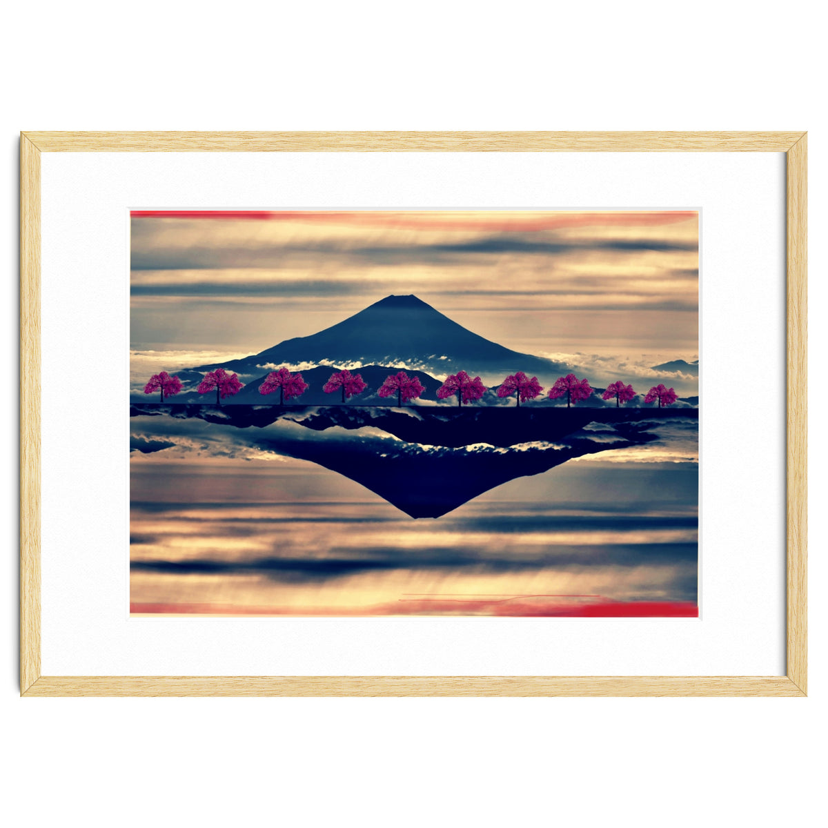 Reflection on Mount Fuji with cherry trees.
