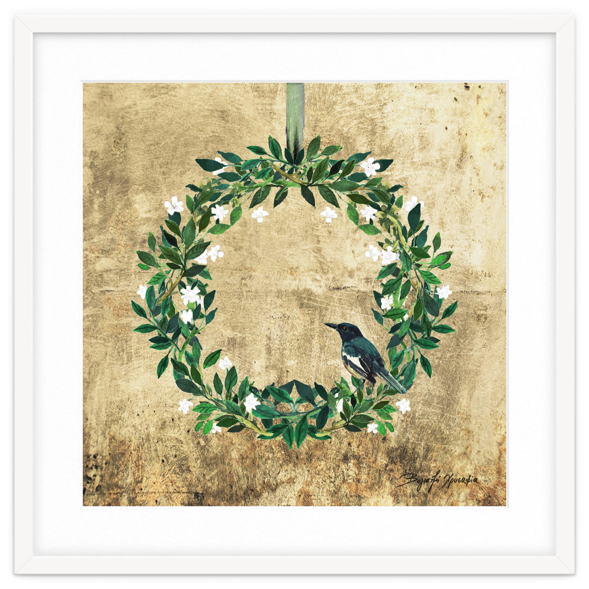 Wreath #White Flowers & Bird #Royal collection