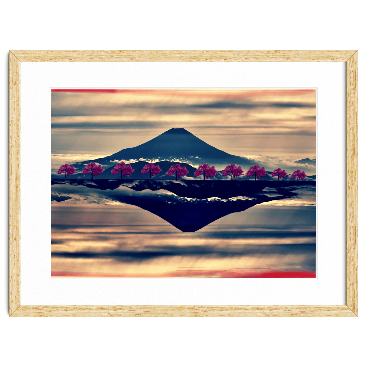 Reflection on Mount Fuji with cherry trees.