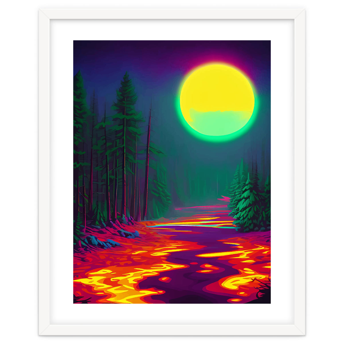 Neon Moon, Color Pop Art Glow Forest, Nature Landscape Adventure 