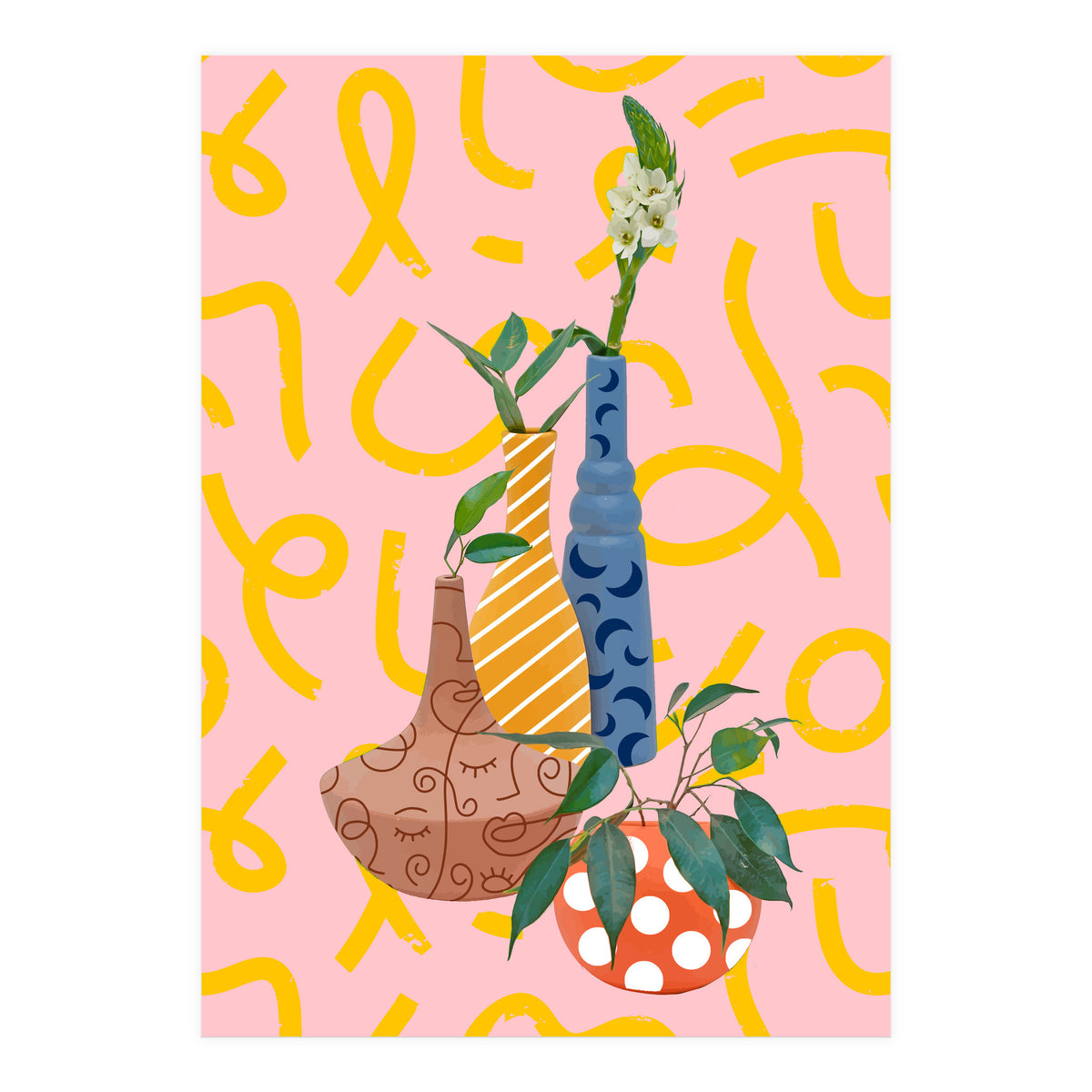 Modern Botanicals, Abstract Plant Pots, Quirky Nature Bohemian, Contemporary Decor (Print Only)