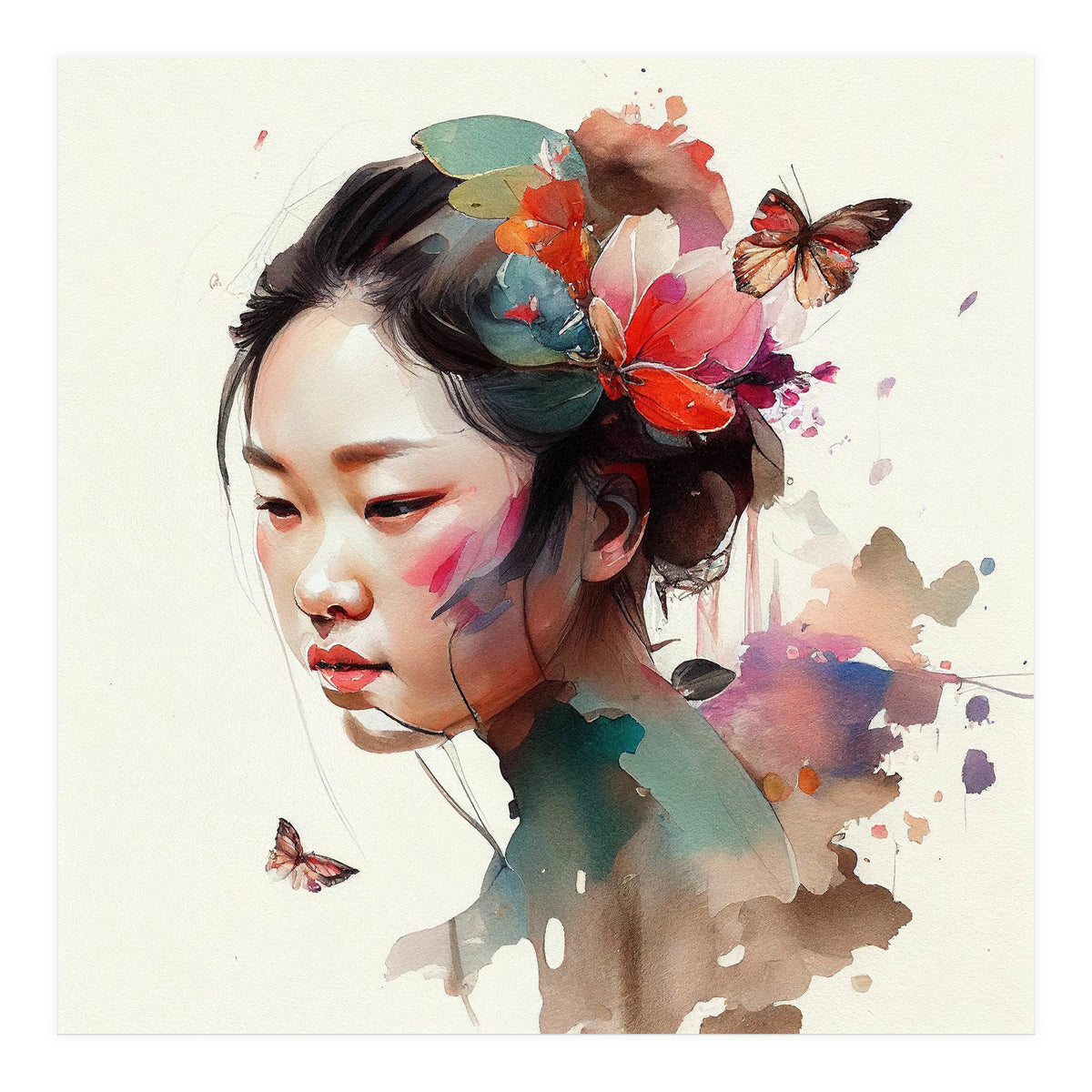 Watercolor Floral Asian Woman #4 (Print Only)