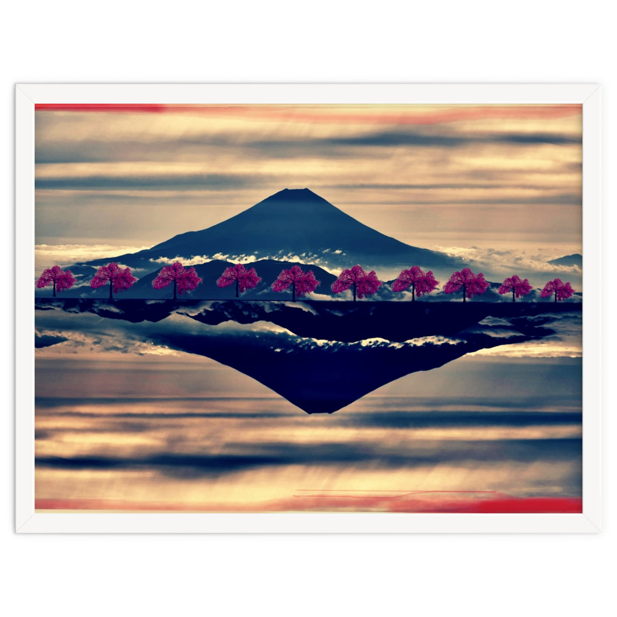 Reflection on Mount Fuji with cherry trees.