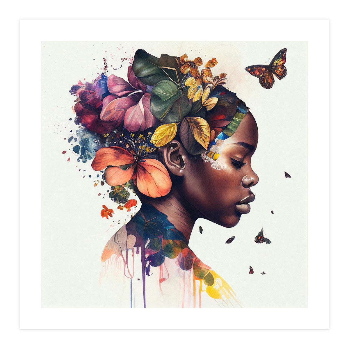 Watercolor Butterfly African Woman #10 (Print Only)