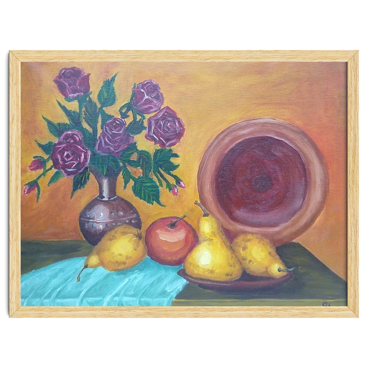 Still life with pears, roses and a dish.