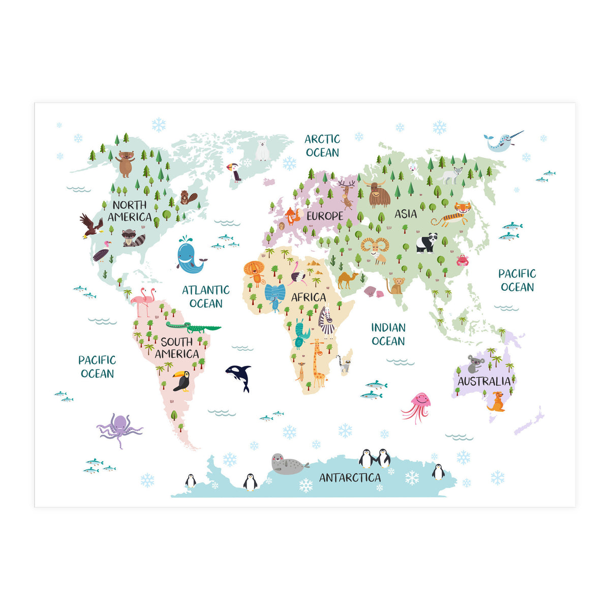 Pastel Animal World Map  (Print Only)