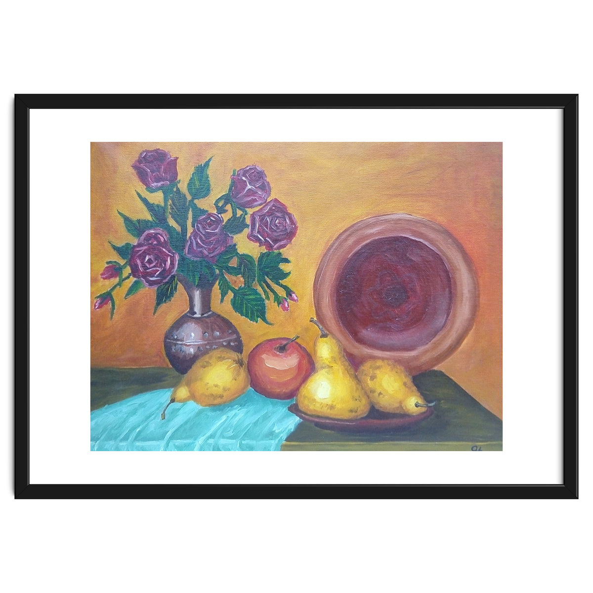 Still life with pears, roses and a dish.